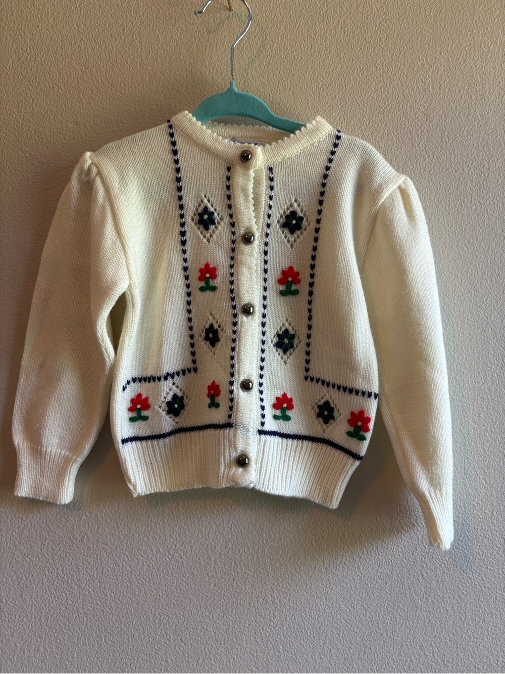 Vintage Cream Floral Embroidered Cottagecore Button-Up Kids Cardigan